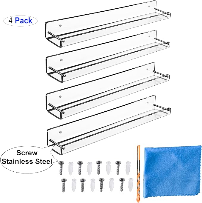 AMT 4 Pack Acrylic Floating Shelves, 15" L x 1.6" W, Clear Bathroom Wall Shelf, Bookshelves, Invisible Display for Office, Bedroom, Small Gap Allows Water to Escape, Free Screws & Drill Bit (Small)