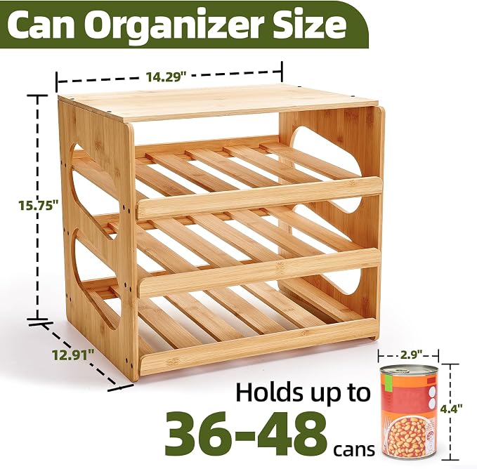 Aminigram Bamboo Rolling Can Organizer for Pantry, 4 Tier Pantry Can Organizers and Storage, Soup Can Organizer for Counter top Kitchen Cabinet