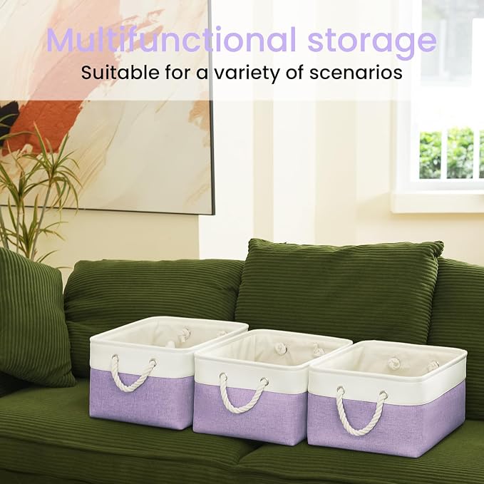 15.7x11.8x8.26 Inch Fabric Large Storage Bins with Handles 3 Pack | Foldable, Sturdy Metal Strand, Cardboard Support Molding, Fabric Storage Baskets for Shelves, Closet, Bedroom, White/Purple