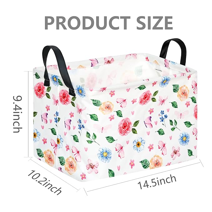 Rectangular Storage Bin for Shelves Cute Flower Gifts Baskets Foldable Box with Handles for Girls Home Office Car Dormroom Spring Supplies