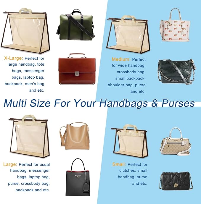 4 Pack Handbag Dust Bags Clear Purse Storage Organizer for Closet, Zipper Hanging Storage Bag for Handbags