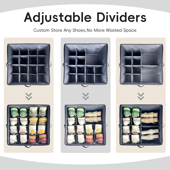 Adjustable Dividers Shoe Organizer Box 2 Pack – Clear Cover Shoe Storage Organizer for Closet, Holds 16-32 Pairs, Breathable Fabric, Foldable, Stackable, Perfect for Boots Sneakers Heels