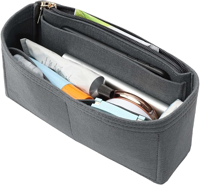 Surblue Purse Organizer Insert for Handbags, Felt Bag Organizer with Zippers Handbag Shaper Pouch for Classic 19 Flap Bag, Marmont, Onthego,（Grey, Slender S）