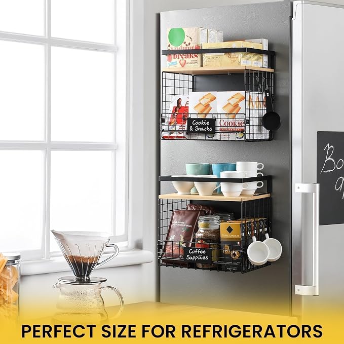 [WIDER SHELF] 1 SET Strong Magnetic Shelf Basket for Fridge with Tag & Bamboo Top, XXL Large Magnetic Spice Rack Shelves for Side of Refrigerator, Kitchen Pantry Storage Organizer for Food Fruit Veg