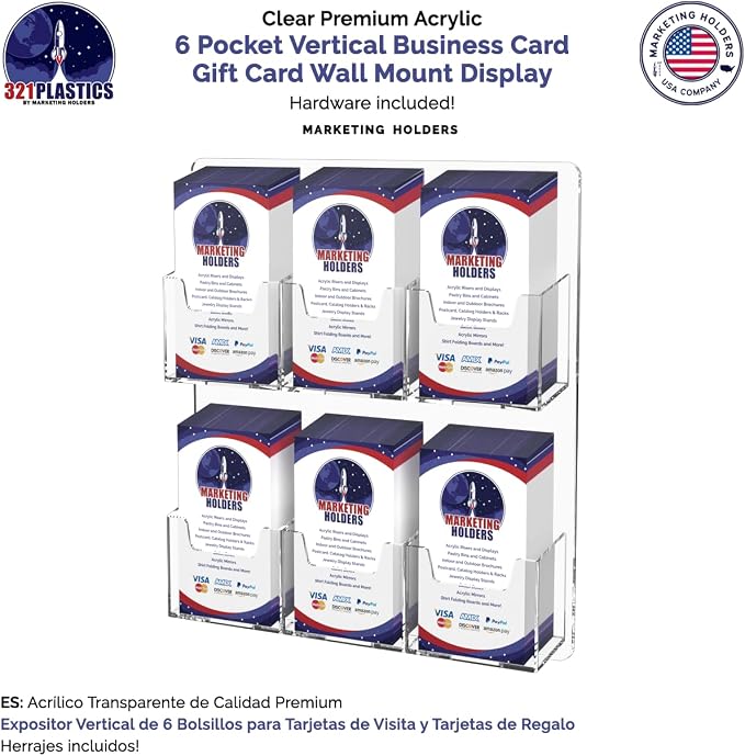 Marketing Holders Wall Business Card Holder with Hanging Hardware for 2" x 3.5" Vertical Gift Cards Clear Acrylic 6 Slot Display Holds 50 Contact or 30 Membership Cards