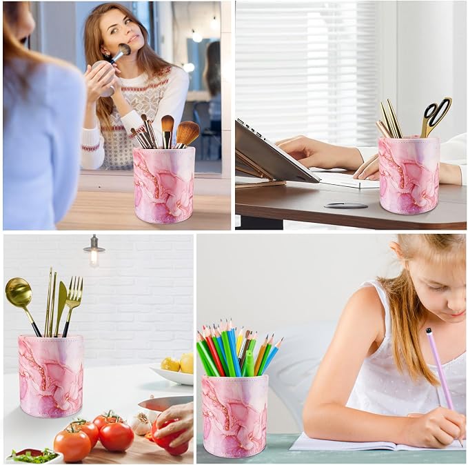 Pen Holder for Women Girls, Pencil Cup Pink Desk Decor, Makeup Brush Holder Large Pu Leather Multi-Functional Organizer Cup for Office, Classroom, Home, Red Marble