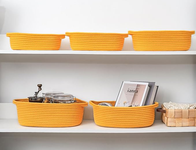 CubesLand Small Storage Basket Cotton Rope Organizer Baskets for Shelves | Set of 5 Decorative Closet Storage Bins with Handle for Countertop, Toilet Paper Basket for Toilet Tank Top, Yellow Basket