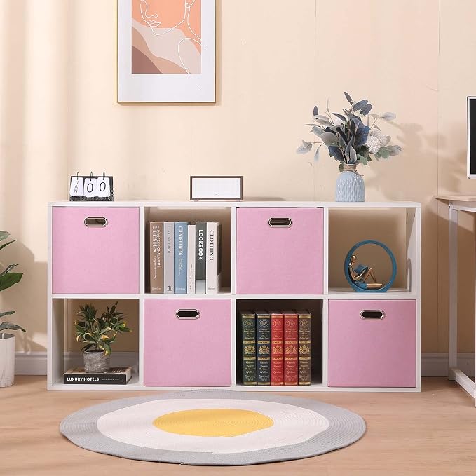 Cube Storage Bins 13x13 Linen Foldable Box with Handles, Collapsible Organization Basket Set of 4 Large Capacity Drawer for Closet Shelf Cabinet Bookcase Bedroom,Pink