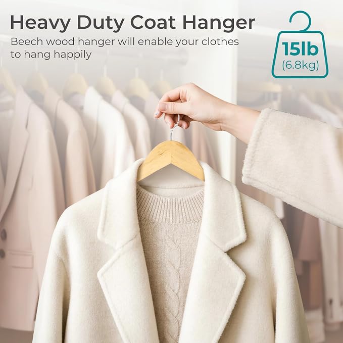 HOUSE DAY Premium Wooden Hangers 20 Pack - Heavy Duty & Durable Coat Hanger | Natural Wood Suit Hangers, 360° Swivel Hook & Pant Bar, Ideal for Jackets, Dresses, Shirts, Perfect for Closet Organization