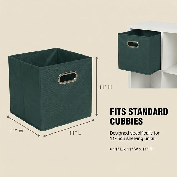 Household Essentials Foldable Fabric Storage Cubes 6-Pack – 11x11x11 Stackable Non-Woven Bins with Chipboard Sides & Grommet Handles – Closet, Shelf, Nursery, or Office Organizer – Dark Green