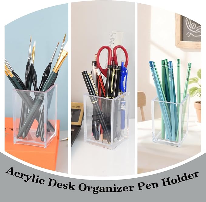 20 Pack Clear Acrylic Pen Holders For Desk, Pencil Cup Makeup Brush Holders | Square Acrylic Pen Cups For Pens, Markers And Makeup Brushes; Desktop Organizer For Office, School, Home And Vanity Supplies