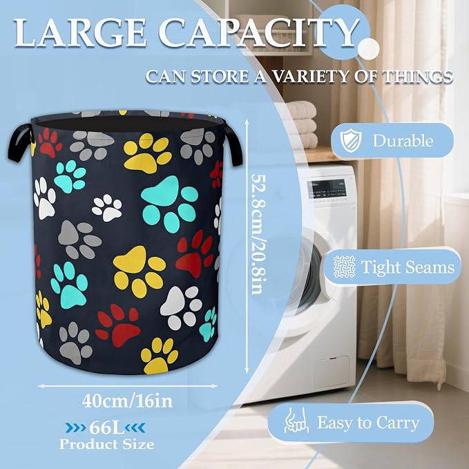 Colourful Paw Prints Laundry Basket Collapsible Laundry Hamper with Handle, Oxford Clothes Storage Bin for Bathroom Bedroom Room Decor 16" X 20.8"