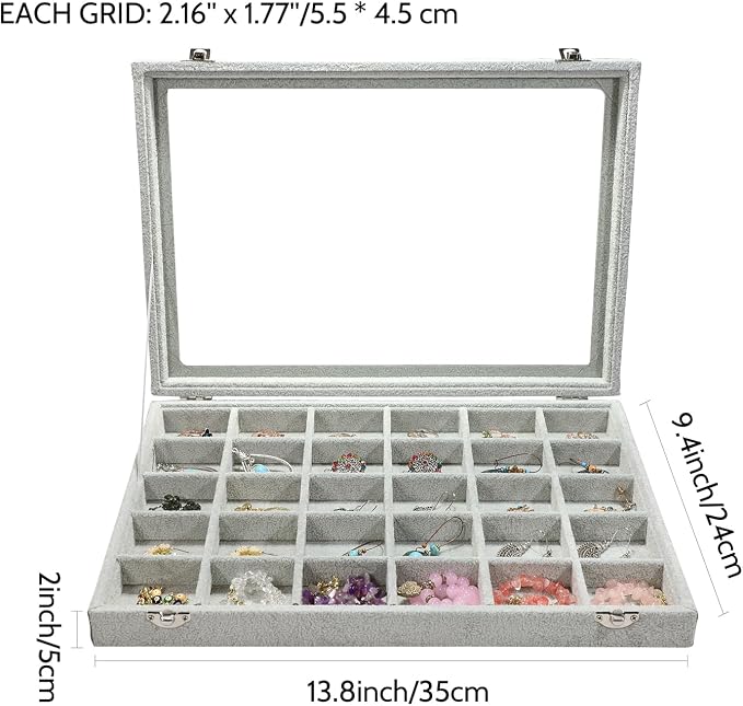 Stratalife 30 Grid Earring Organizer: Jewelry Holder Organizer Box with Clear Glass Lid, Velvet Jewelry Storage for Studs, Earrings, Rings, Necklace with Removable Dividers for Dresser, Grey