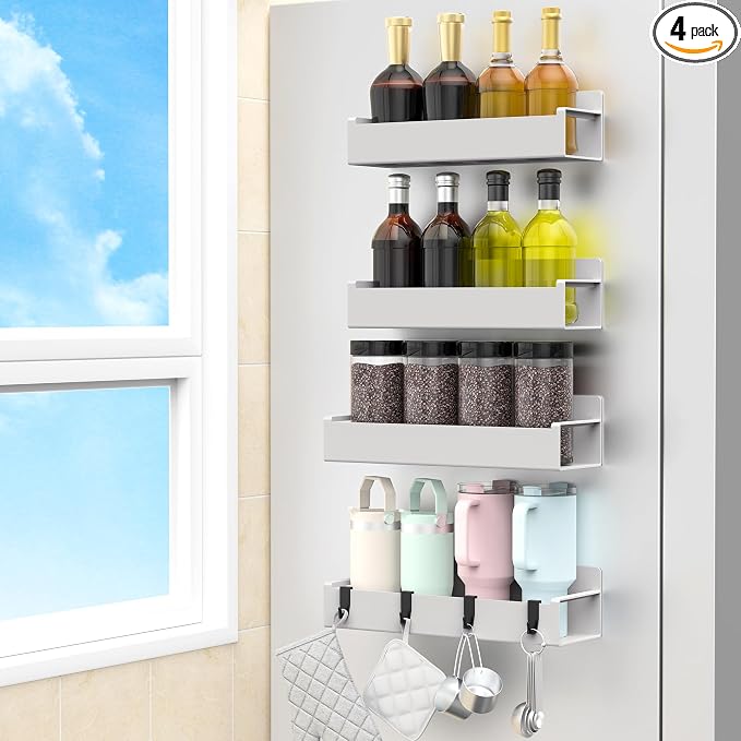HuggieGems 4 Pack Magnetic Spice Rack Organizer for Refrigerator and Oven, Light Grey Fridge Organizers and Storage for Kitchen