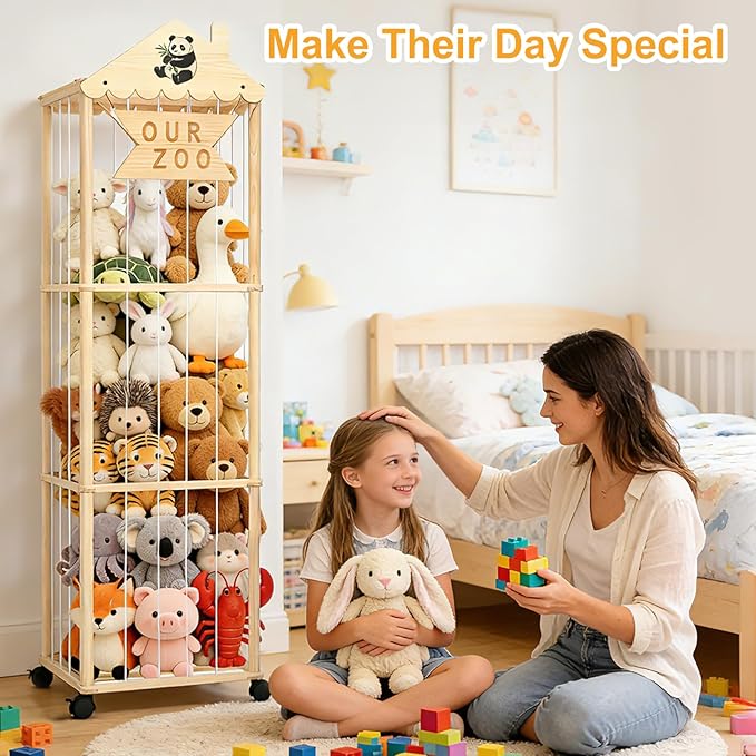 KITHELP Stuffed Animal Storage, Extra Large Stuffed Animal Organizer with Wheels, Wooden Tall Animal Zoo Display, Plushies Toy Holder with Lights and Pockets for Nursery, Playroom, Bedroom