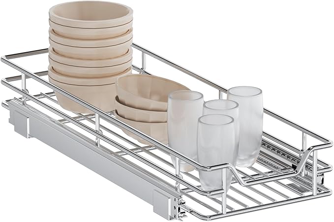 Pull Out Cabinet Organizer, 10.5" W x 21.5" D, Heavy Duty Chrome Slide Out Shelf for Narrow Base Cabinets, Sliding Wire Basket Drawer for Spices, Bottles, Snacks & Cleaning Supplies
