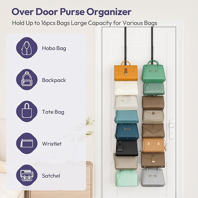 SWTYMIKI Over The Door Purse Organizer - 2 Packs Wall Mounted Purse Rack with 8 Hooks Design, Hanging Handbag Organizer Storage Holds up to 16 Bags, Bag Rack for Closet, Door (Black)