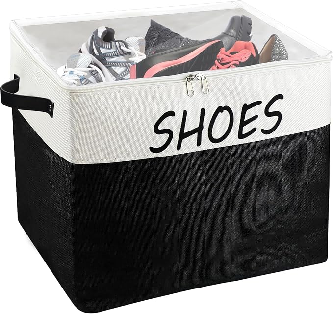 Large Entryway Shoe Storage Organizer, Shoe Basket for Entryway with Clear Cover, Foldable Mudroom Shoe Bin Box Fits for Boot, Sneaker, High Heeled