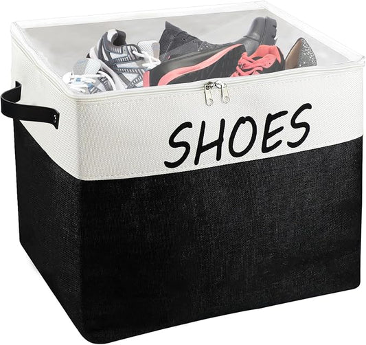 Large Entryway Shoe Storage Organizer, Shoe Basket for Entryway with Clear Cover, Foldable Mudroom Shoe Bin Box Fits for Boot, Sneaker, High Heeled