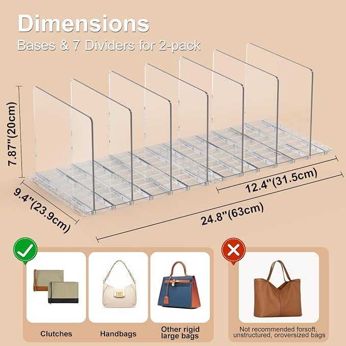 SortNStore Bag & Purse Organizer for Closet: Adjustable Clear Handbag Storage Shelf - Plastic Clutch Dividers for Closet Organizers and Storage - Keep Carteras & Pocketbook Upright