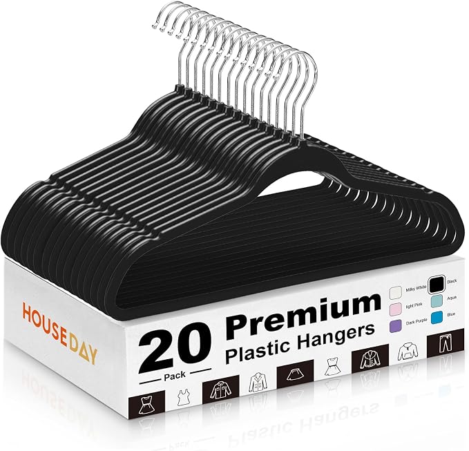 HOUSE DAY Black Plastic Hangers 20 Pack - Ultra-Thin Heavy Duty Non-Velvet | Hangers with 360° Swivel Hook & Non Slip Notches - Slim Space Saving Clothes Hangers Ideal for Dresses Coats Shirts Jackets