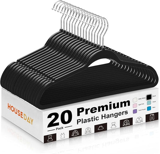 HOUSE DAY Black Plastic Hangers 20 Pack - Ultra-Thin Heavy Duty Non-Velvet | Hangers with 360° Swivel Hook & Non Slip Notches - Slim Space Saving Clothes Hangers Ideal for Dresses Coats Shirts Jackets
