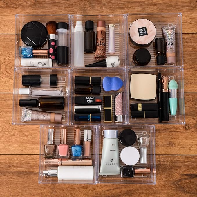 Clear Plastic Drawer Organizer Tray for Vanity Cabinet (6"×6"×2"，Set of 8),Storage Tray for Makeup, Kitchen Utensils, Jewelries, and Gadgets…