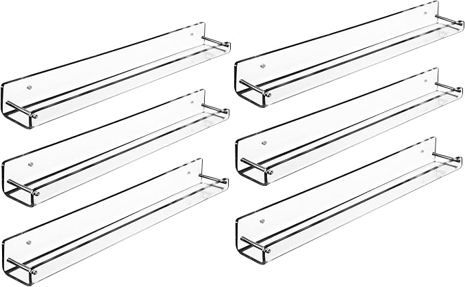 AMT 6 Pack Acrylic Floating Shelves, 15" L x 1.8" W, Clear Bathroom Wall Shelf, Bookshelves, Invisible Display for Office, Bedroom, Small Gap Allows Water to Escape, Free Screws & Drill Bit (Small)