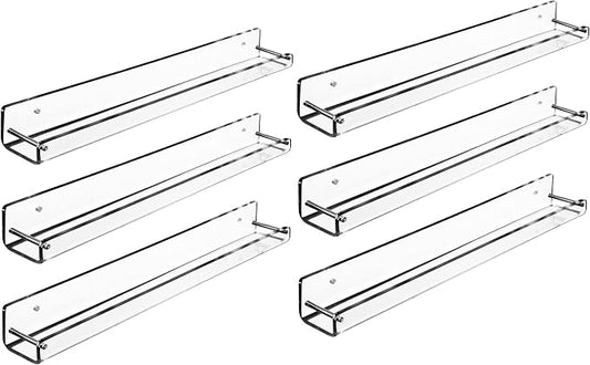 AMT 6 Pack Acrylic Floating Shelves, 15" L x 1.8" W, Clear Bathroom Wall Shelf, Bookshelves, Invisible Display for Office, Bedroom, Small Gap Allows Water to Escape, Free Screws & Drill Bit (Small)