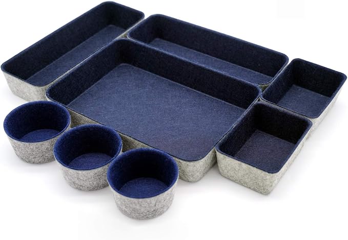 Welaxy 8-piece office desk drawer organizers trays felt small Storage bins shallow box draw dividers for Office supplies Multi-purposed organize gifts idea for men (Navy)