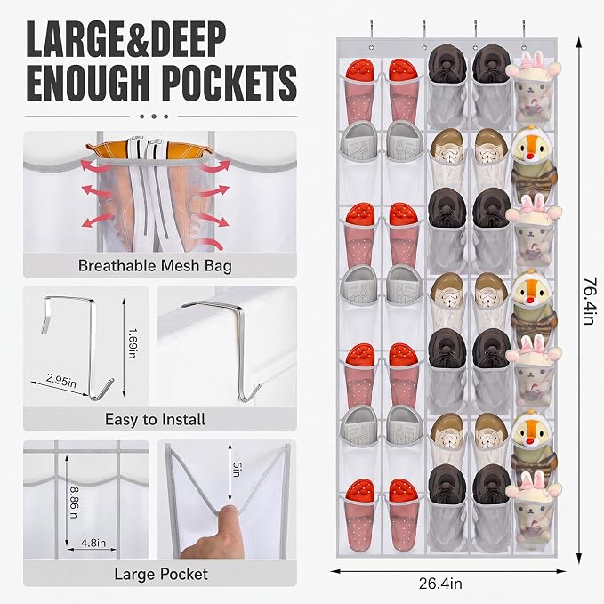 Windyun 40 Over the Door Shoe Organizer, Large Mesh Pocket Hanging Shoe Rack Hanger Large Capacity Gray White Behind the Door Storage Holder for Dorm College Closet Entryway Bedroom Utility Women Men