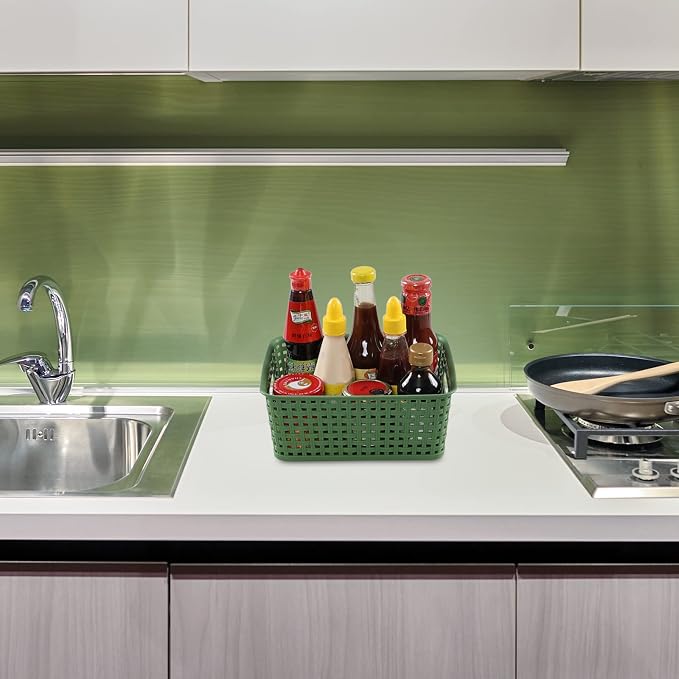 Plastic Woven Storage Baskets, Rectangle Kitchen Organizer Bin, 6 Packs
