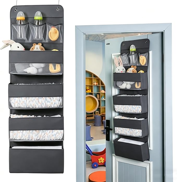 Jay-Chi Over Door Hanging Organizer Storage - 7 Large Pockets Closet Bathroom Organizer Perspective Window Wall Mount Rack for Clothes Sundries(Grey)