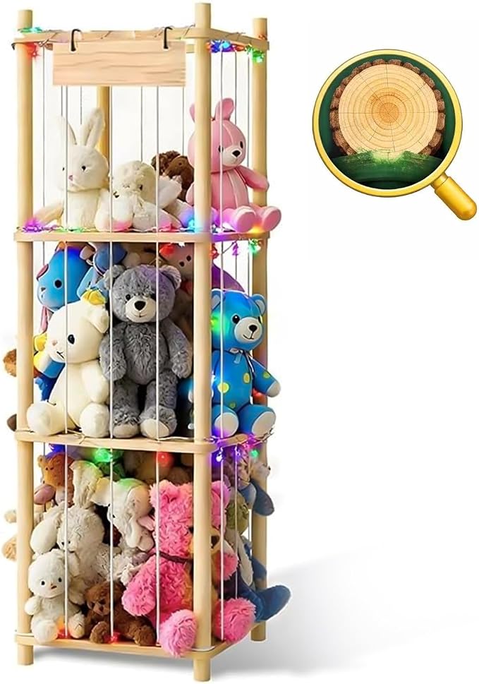 Stuffed Animal Storage Zoo Organizer Natural Pine Plushies Storage with Elastic Bands Vertical Wood Toy Holder Mesh Net Space Saving Design for Playroom Nursery Kids Bedroom