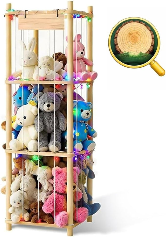 Stuffed Animal Storage Zoo Organizer Natural Pine Plushies Storage with Elastic Bands Vertical Wood Toy Holder Mesh Net Space Saving Design for Playroom Nursery Kids Bedroom