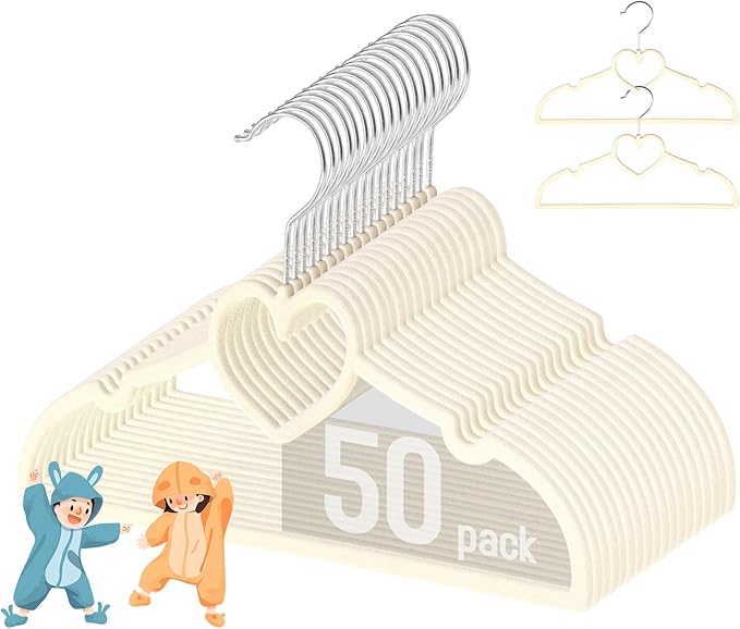 GOSCHE Baby Velvet Hangers 50 Pack, Durable Toddler Hangers for Closet, 12.8 inch Cute Kid Hanger, Premium Velvet Children Hanger for Infant, Non-Slip, Cream