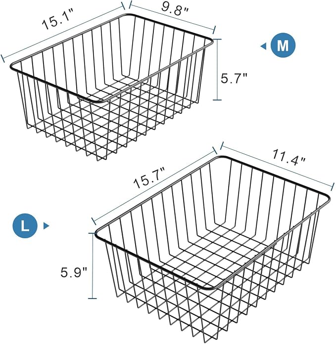 iSPECLE Freezer Organizer Bins - 4 Pack Upright Freezer Baskets for 17/21 Cu.Ft Stand up Freezer, Wire Storage for Reach-in Freezer, Slide-Out Access, Prevents Items Falling, 2 Large 2 Medium, Black