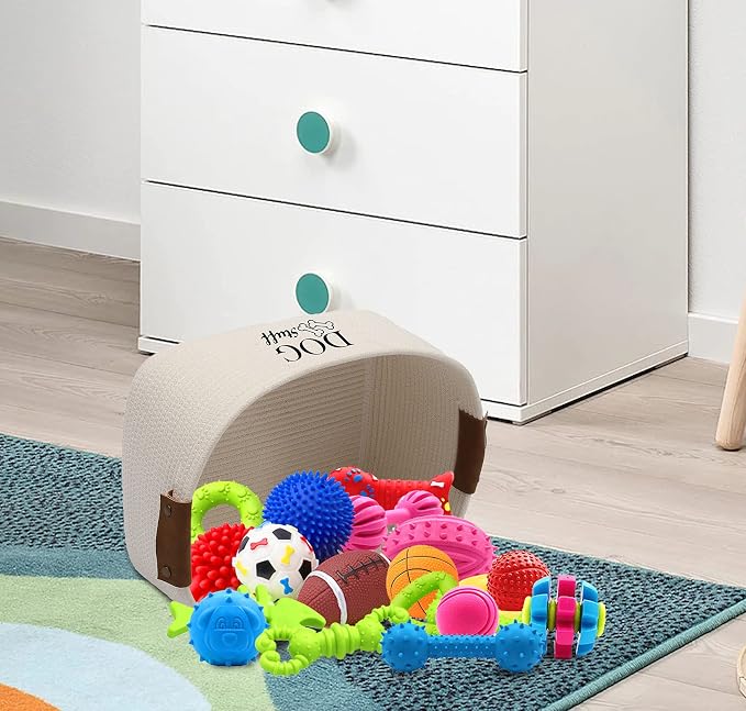 Geyecete Square Dog toy basket storage Cotton Rope Storage Basket Pet/Pet Toy And Accessory Storage Bin Doy Toy Box-Beige