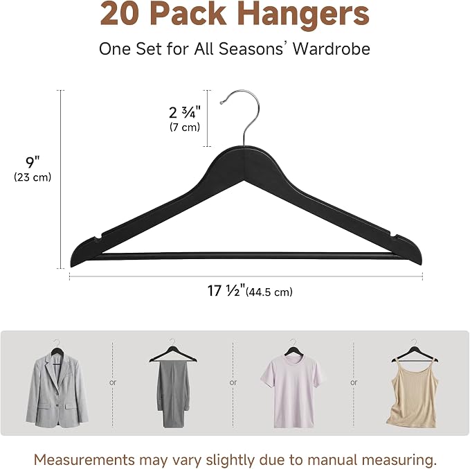 StorageWorks Black Wooden Hangers 20 Pack, Heavy Duty Wood Hangers for Closet, Clothes Hangers for Coats, Shirts, Pants, Suits