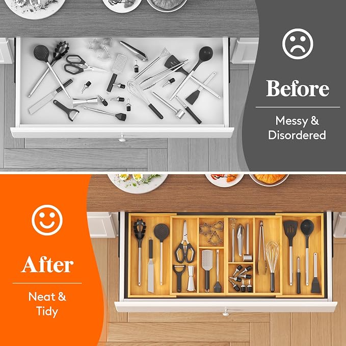 Lifewit Expandable Utensil Organizer for Kitchen Drawer, Adjustable Cooking Silverware Tray, Plastic Cutlery Flatware Holder, Spatula Tools Gadgets Storage Divider, 21- 36 x 16, Bamboo, Natural