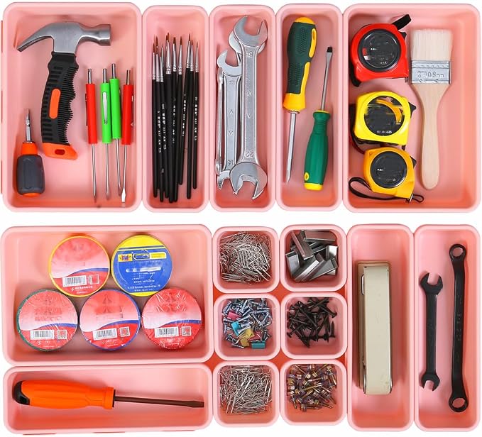 Kutesna 15 PCS Interlocking Desk Drawer Organizer Separator for Office,Bathroom,Kitchen,Makeup（Pink）