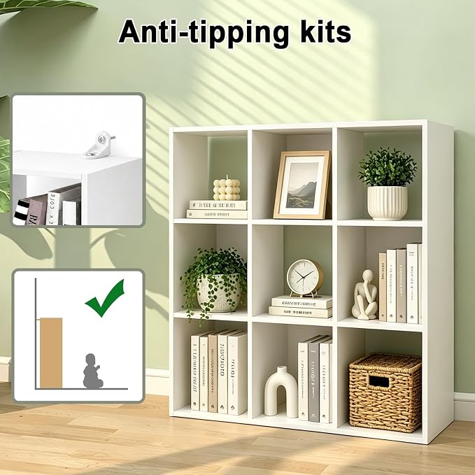9 Cube Shelf with Anti-Tipping Kits + Reversible Open Back Bookcase, Multi Layer and Multi Grid Partition Layout (White 11in)