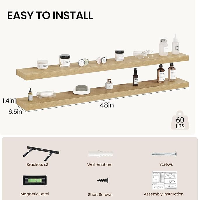 Vivelove 48 Inch Floating Shelves Wall Mounted for Display, 6.5 Deep Duty Shelves with Invisible Brackets for Living Room,Bedroom,Kitchen, Bathroom Storage & Decor,48" Wx6.5 Dx1.4 H - Oak