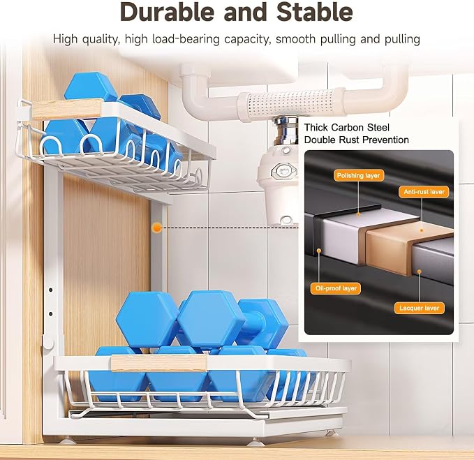 Sevenblue 2-Pack 2-Tier Height Adjustable Under Sink Organizer & Storage | Multi-purpose storage for kitchen & bathroom cabinet. Extra Large white shelf, height adjustable design for space-saving.