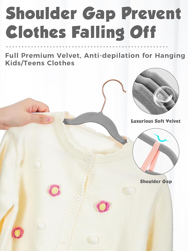 Smartor Kids Velvet Hangers 50 Pack, 14 Inch Premium Non Slip Kids Felt Hangers for Closet, Space Saving Toddler Clothes Hanger for Youth's Childrens' Clothes (Rose Gold Hook)- Grey