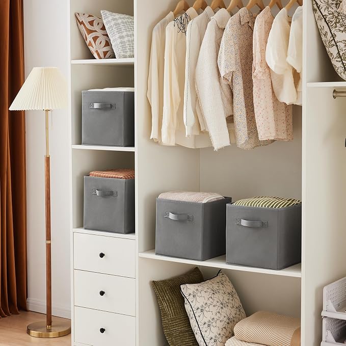 MAX Houser 6 Pack Foldable Fabric Storage Bins with Handles - Ideal for Closet Organization, Bedroom (Grey, 10.5"x10.5"x11")