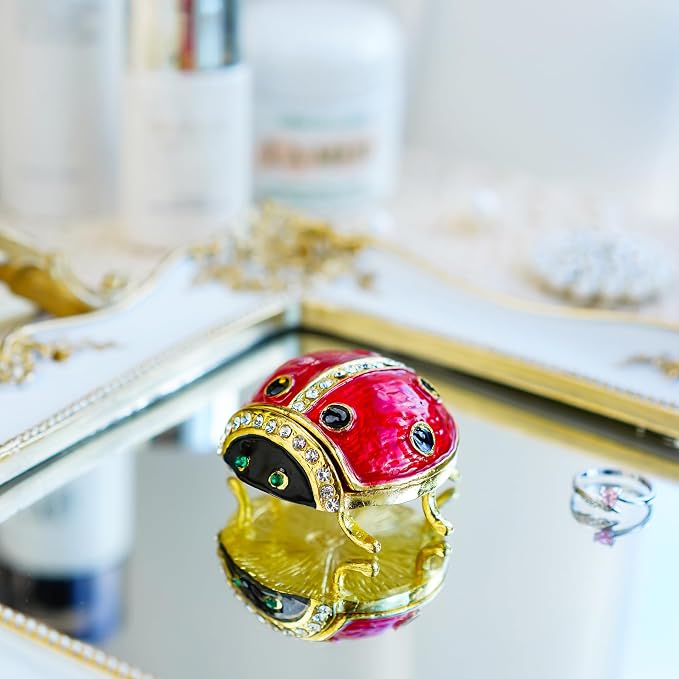 YU FENG Ladybug Figurine Trinket Box Hinged Crystals Jeweled Small Cute Animal Jewelry Boxes Collectible