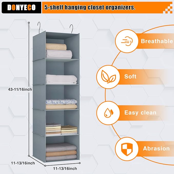 Hanging Closet Organizer 5-Shelf, Oxford Fabric Wardrobe Storage, Gray | Easy-mount foldable design holds clothes, handbags, shoes & accessories; washable Oxford fabric, sturdy and space-saving.