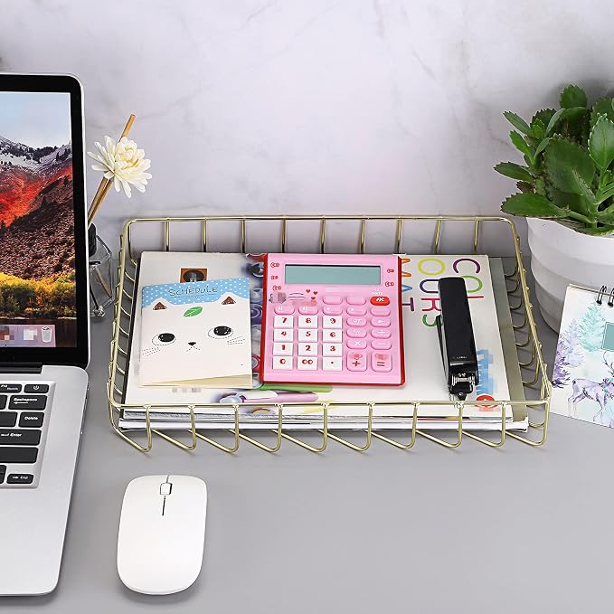 BTSKY Multipurpose A4 File Tray Wire Desk Tray Organizer Elegant Letter Size Desk Documents Trays Magazine Files Storage Basket Organizer Bin for Office Cosmetics Bathroom(Gold)