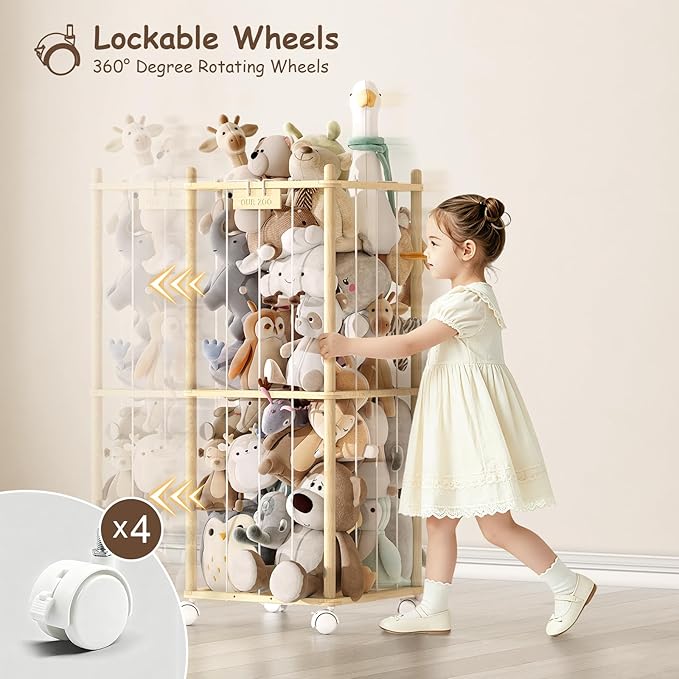 EXPERLAM Stuffed Animal Storage Zoo with Wheels,Montessori-Inspired Solid Pine Wood Plush Toy Organizer,Stuffed Animal Holder with Thick Elastic Cords for Kids Room,Nursery and Bedroom,Small